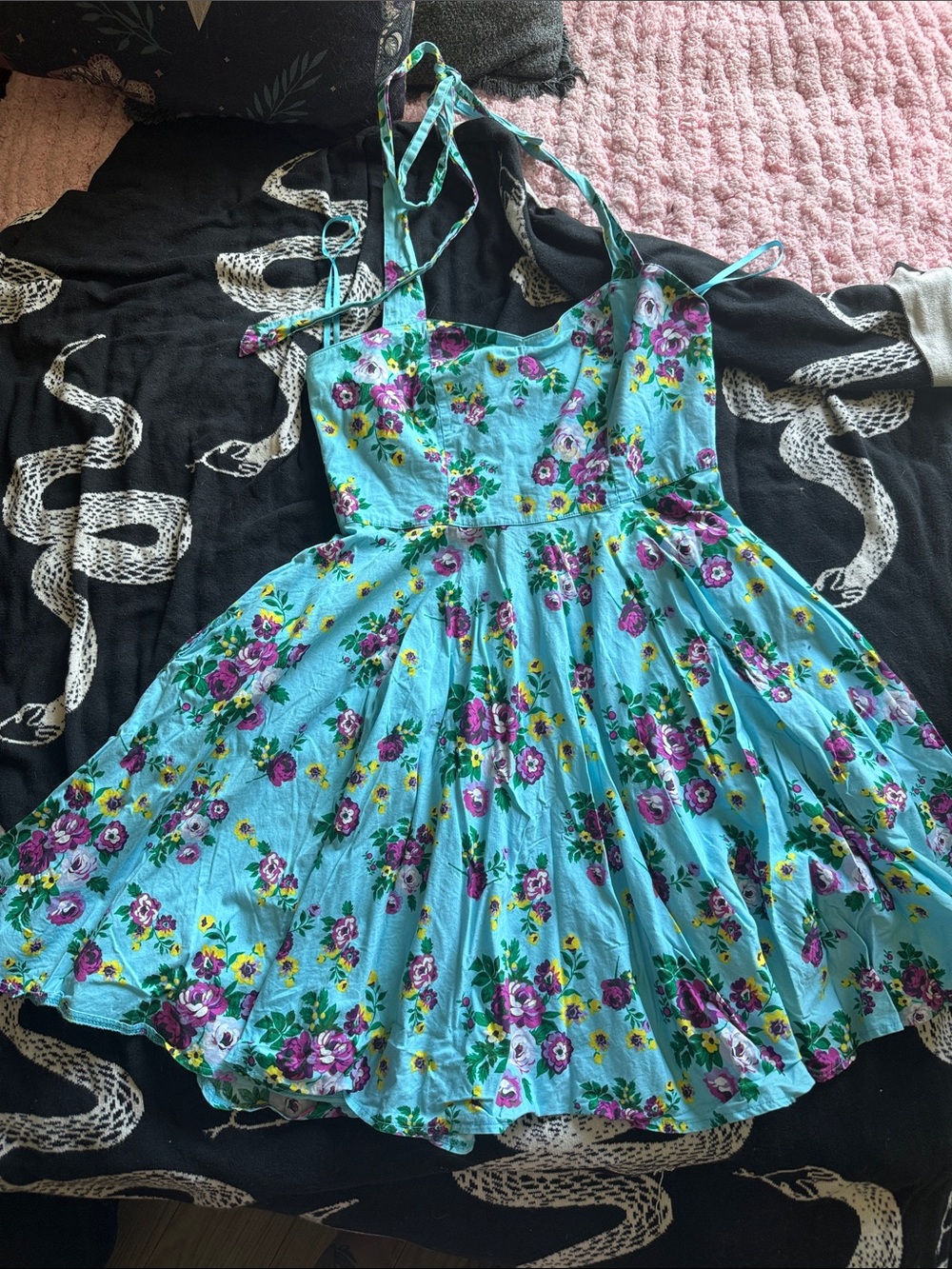 Hell Bunny Aqua Floral Sundress with Purple & Yellow Accents
